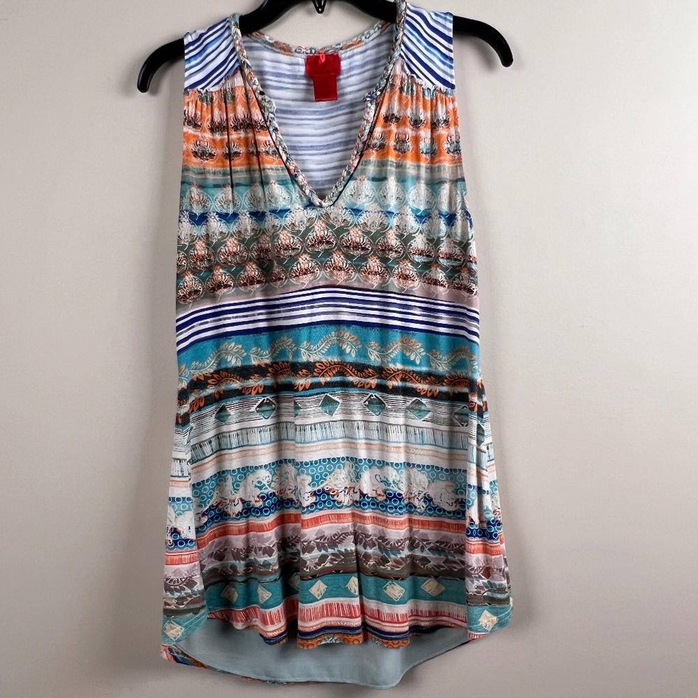 V Christina Sleeveless V Neck Top Blouse Coral Org Teal Metallic Womans Sml